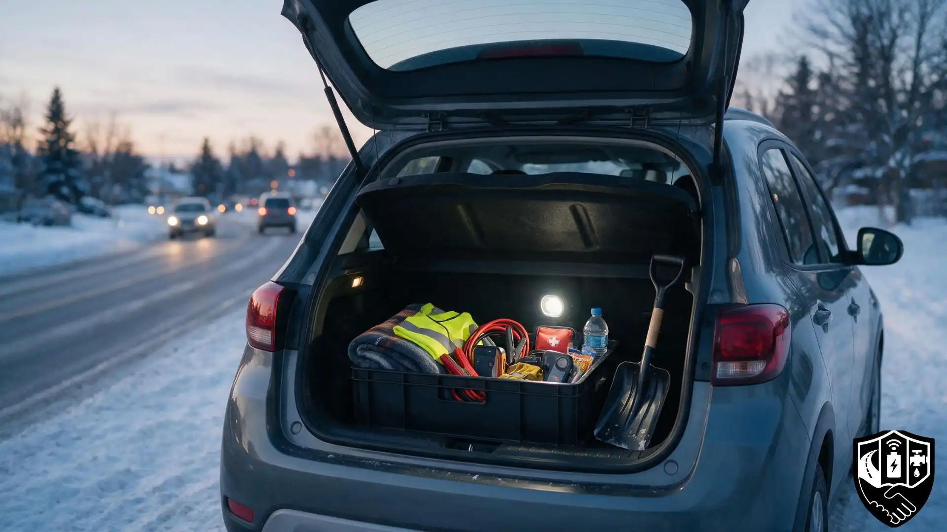 A compact winter emergency kit helps daily commuters handle flat tires, dead batteries, and unexpected roadside delays. Open trunk of a commuter car displaying an organized winter roadside emergency kit with a blanket, safety vest, jumper cables, tire inflator, first-aid kit, gloves, and snow shovel.