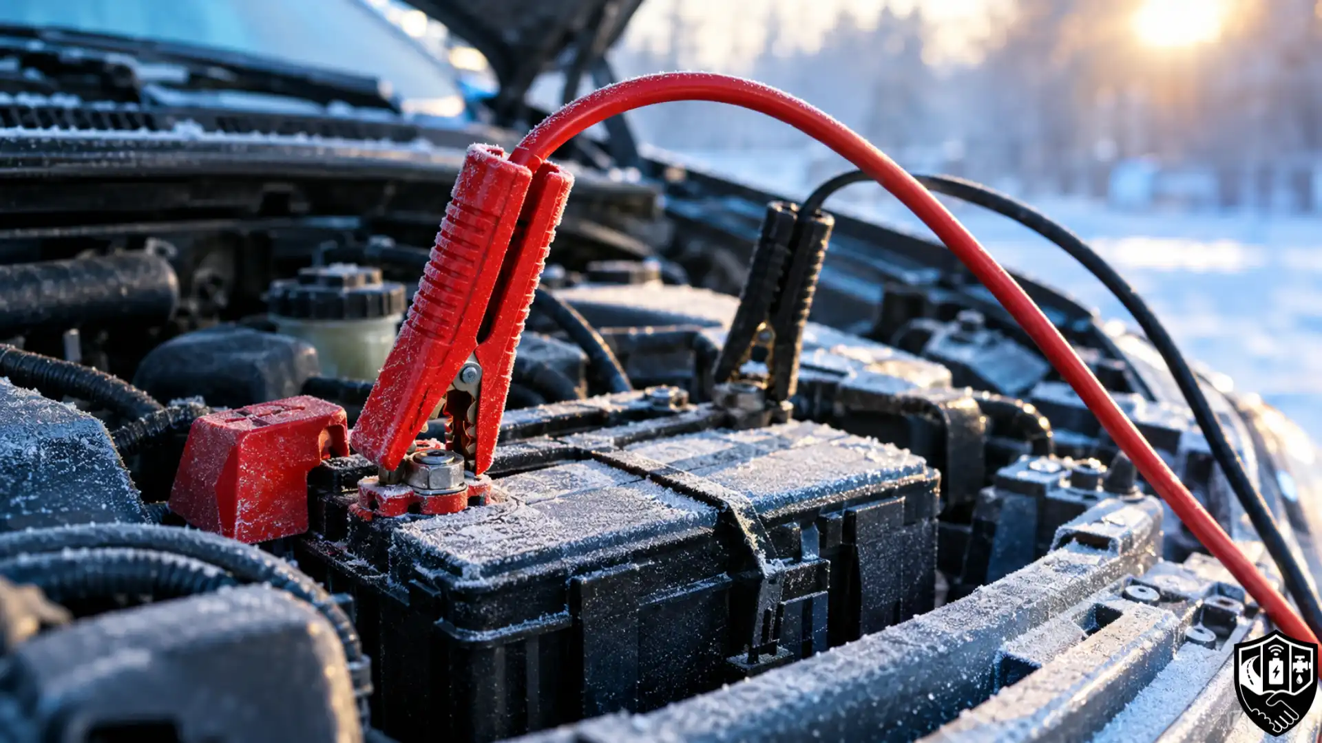 Red and black jumper cables attached to a frosted car battery on a cold winter morning.
